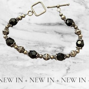 Sterling Silver Black Onyx Bali Bracelet - Faceted Stones -Artisan Toggle